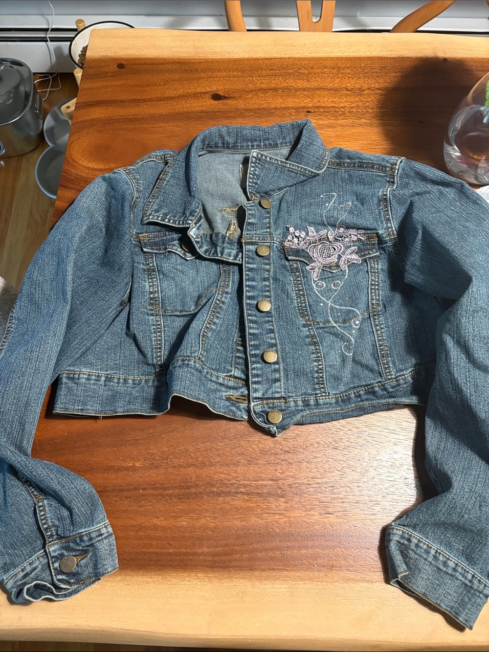 Denim Cropped Jacket with Embroidered Rose - Blue